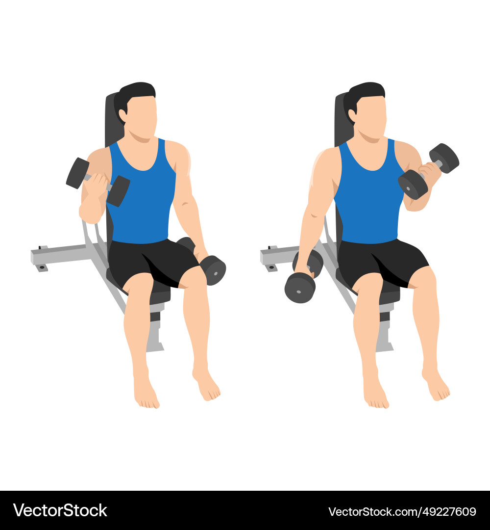 Man doing seated alternating bicep twist curl Man doing seated alternating bicep twist curl vector image