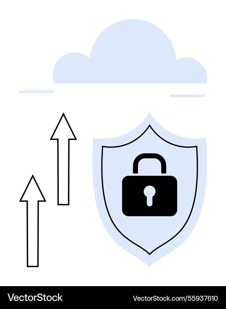 Cloud data security with locked shield and upward Cloud data security with locked shield and upward vector image