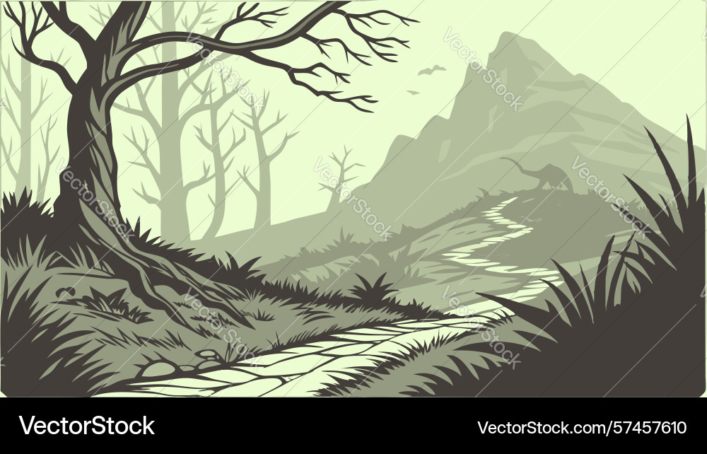 Winding path through dark sparse forest vector image