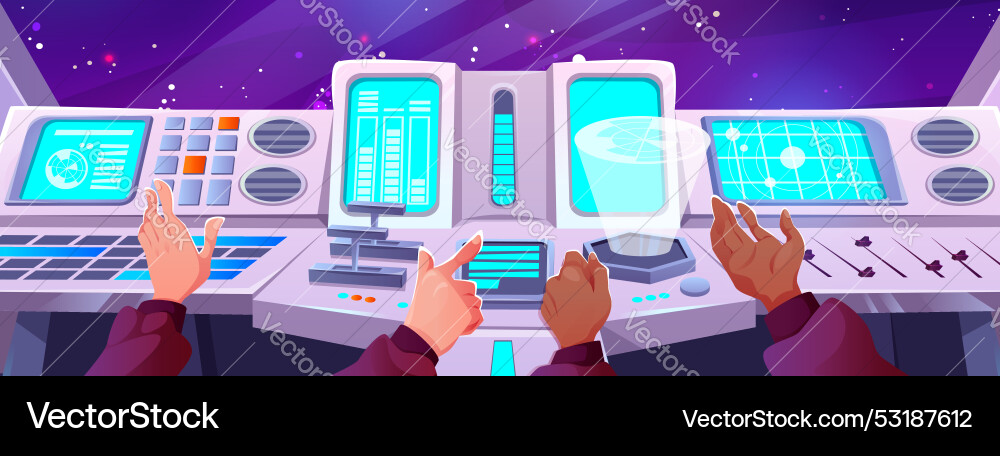 Spaceship cockpit with hands on control panel Spaceship cockpit with hands on control panel vector image