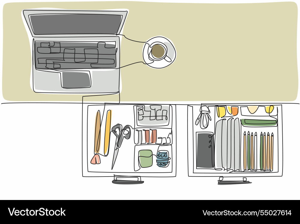 Continuous one line drawing work desk with open Continuous one line drawing work desk with open vector image