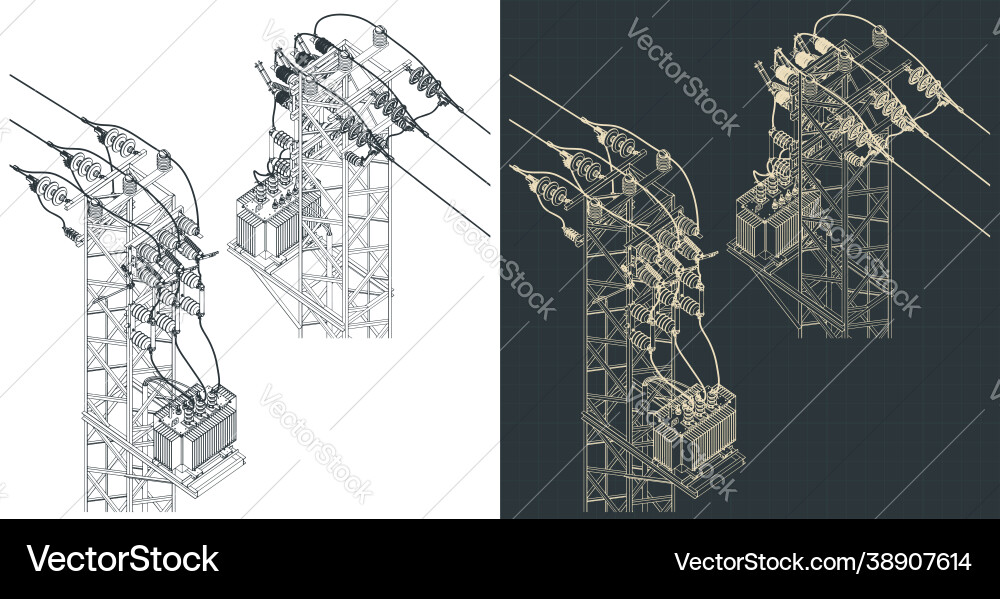 Power Line Transformer Station Blueprint Vector Image