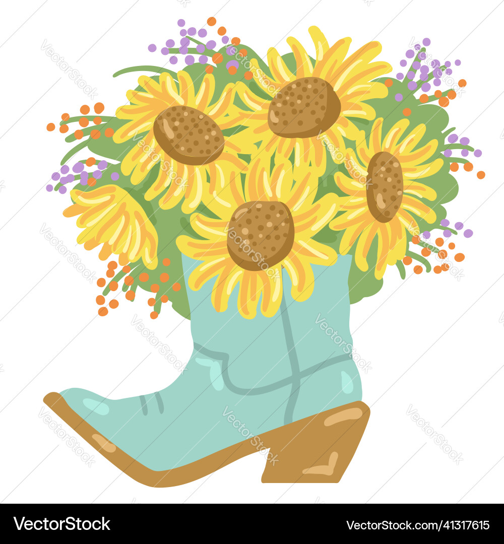 Cowboy boots with yellow sunflowers bouquet vector image