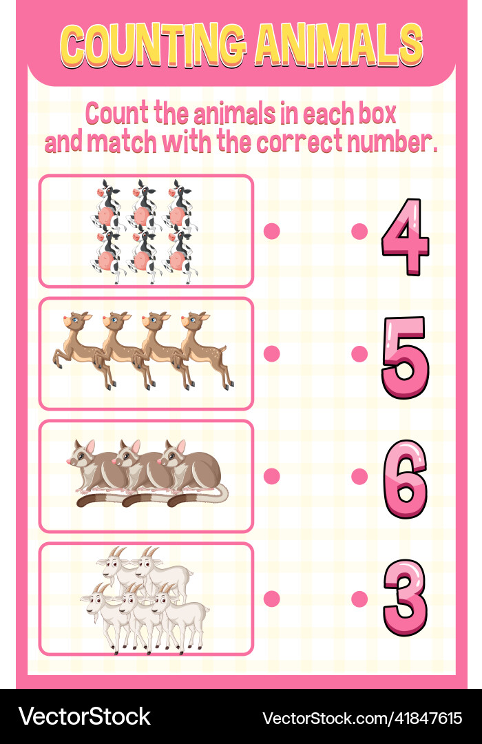 Match by count with different types of animals Match by count with different types of animals vector image