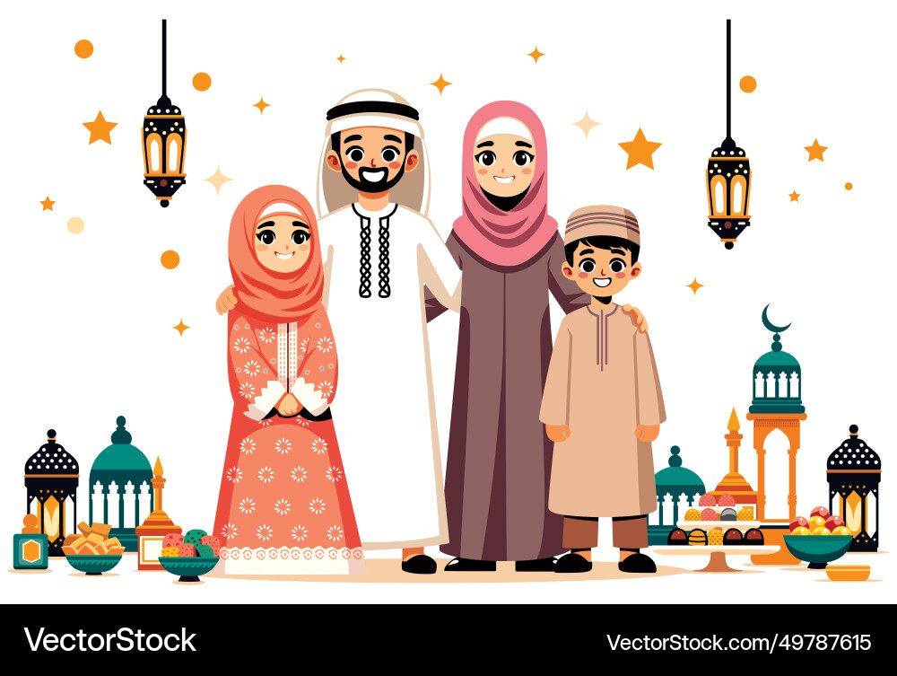 Middle eastern family celebrating eid al fitr Middle eastern family celebrating eid al fitr vector image