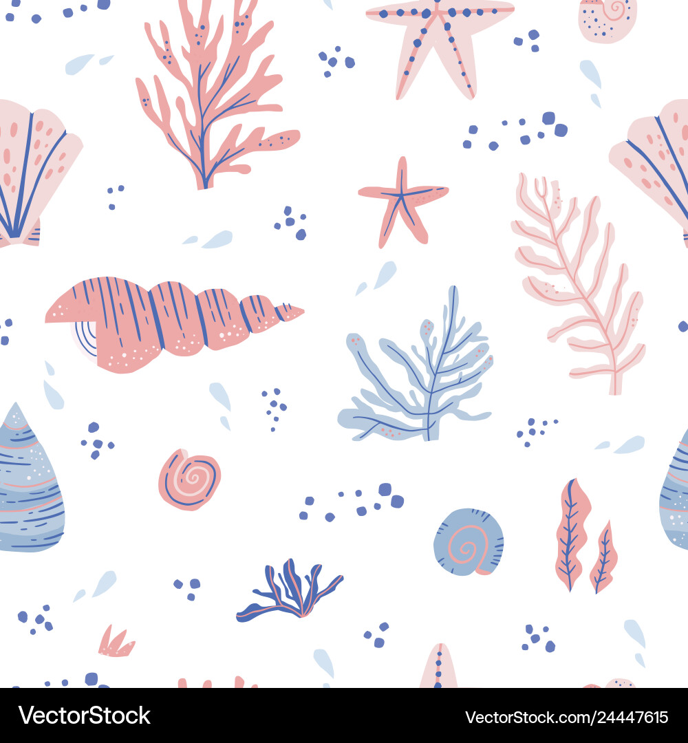 Seaweeds and shells hand drawn seamless pattern Vector Image