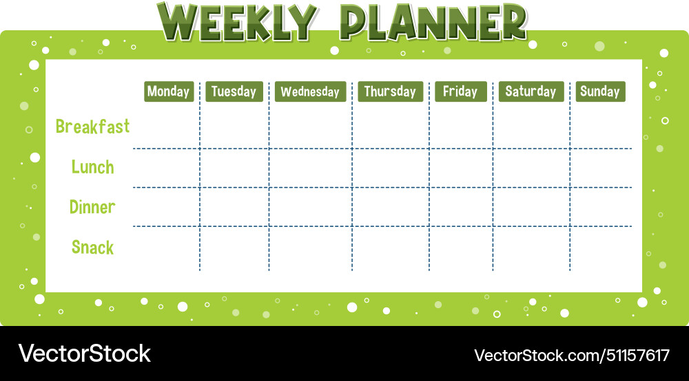 Green and white meal planning chart for the week Vector Image