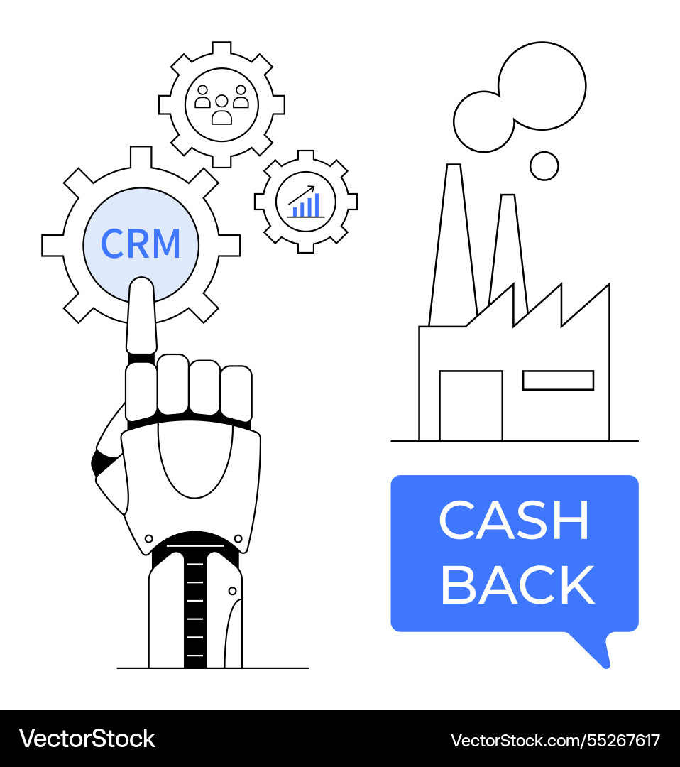 Robotic hand engaging with crm interface factory Robotic hand engaging with crm interface factory vector image