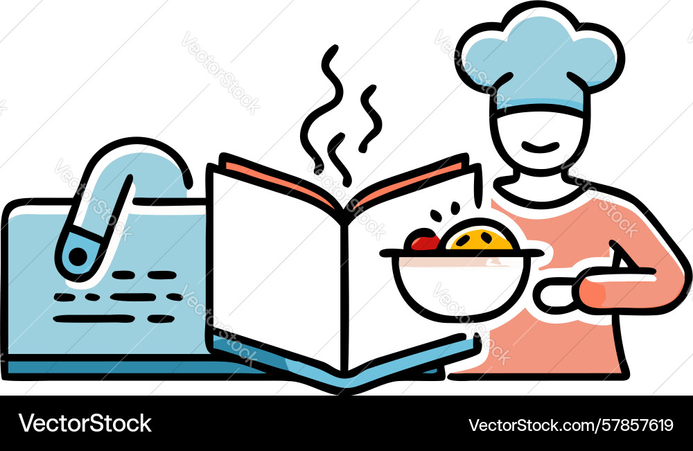Chef reading cookbook while preparing meal design Vector Image