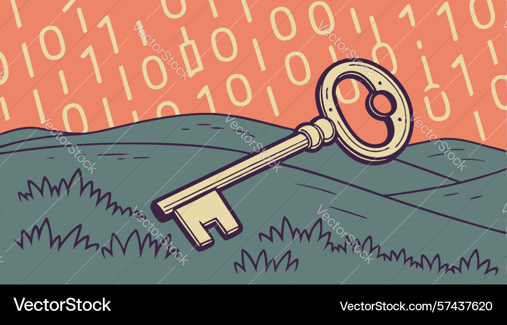 Old key on a binary code background blending past vector image