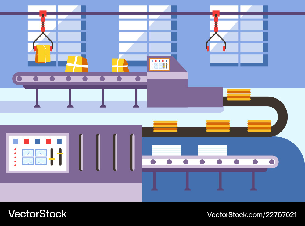 Factory with conveyor belt and mass production Factory with conveyor belt and mass production vector image