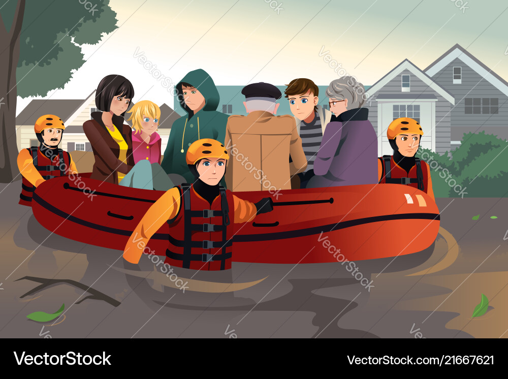 Rescue team helping people during flooding Rescue team helping people during flooding vector image