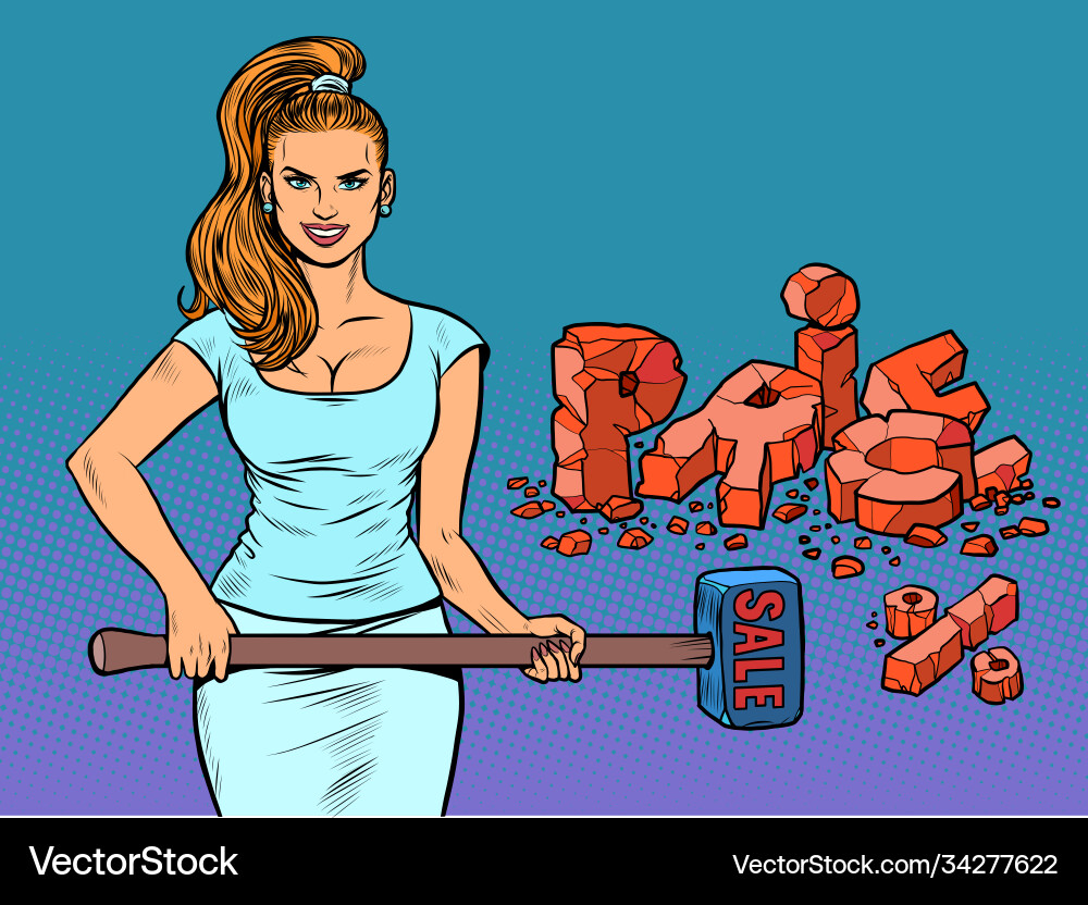 A woman with hammer breaks prices the buyer A woman with hammer breaks prices the buyer vector image