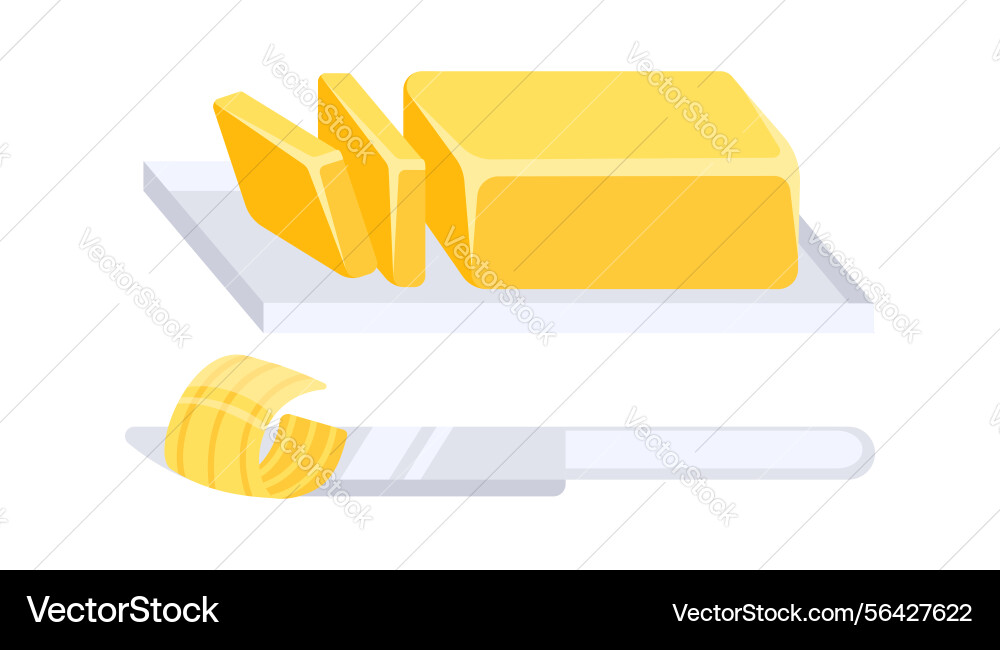 Butter curl on knife and whole stick with slices Butter curl on knife and whole stick with slices vector image