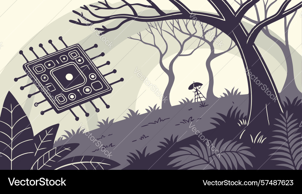 Floating microchip in abstract forest tech Vector Image