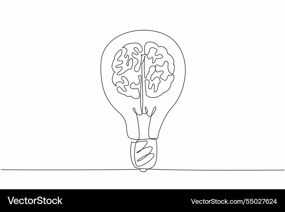Continuous Line Lightbulb with Brain vector image