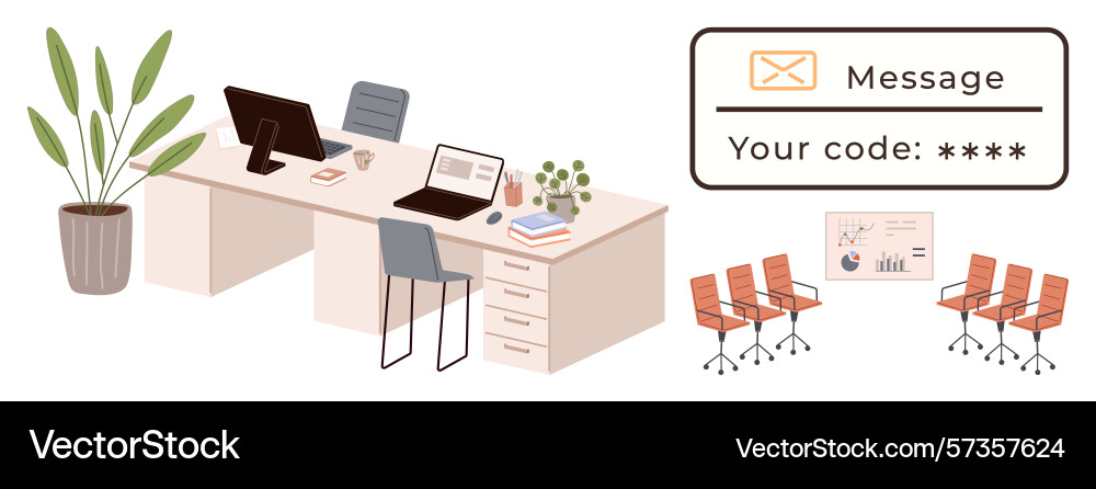 Office workspace with security code message Office workspace with security code message Vector Image