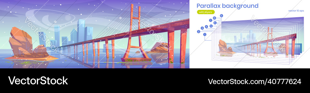 Parallax background with winter lake bridge Parallax background with winter lake bridge vector image