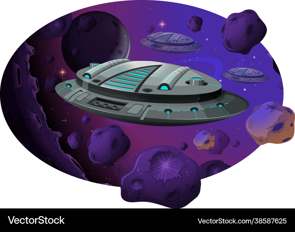 Spaceship with asteroids in galaxy scene Spaceship with asteroids in galaxy scene vector image