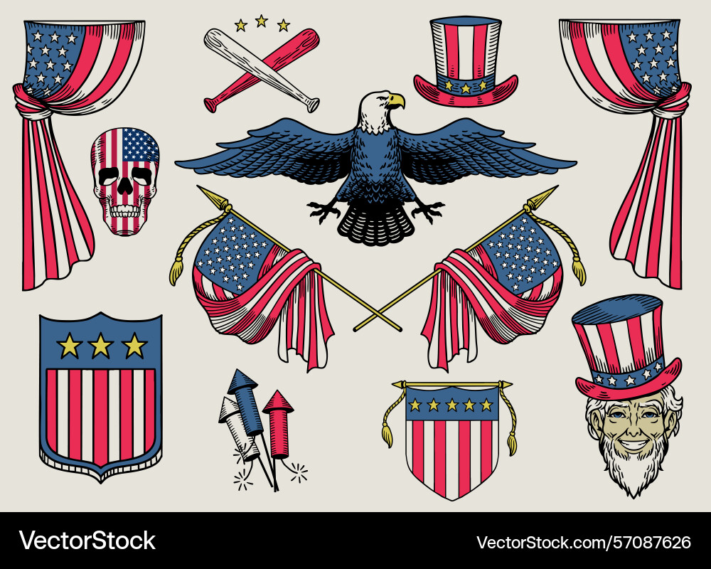 Set of object in usa color flag vector image