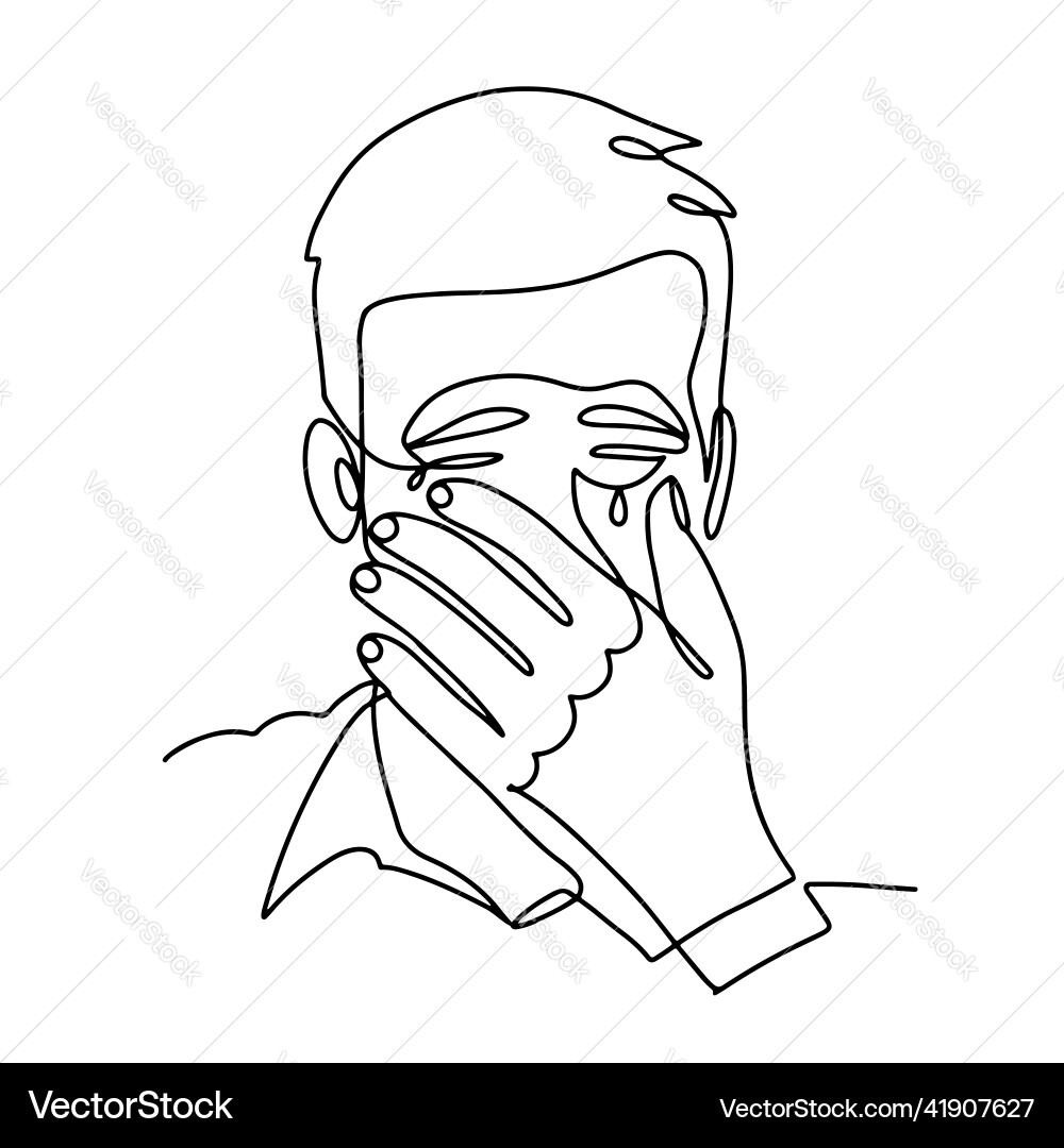 Continuous line drawing of crying man in deep vector image