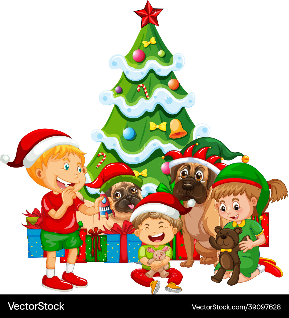 Group of children with their dog christmas Group of children with their dog christmas vector image