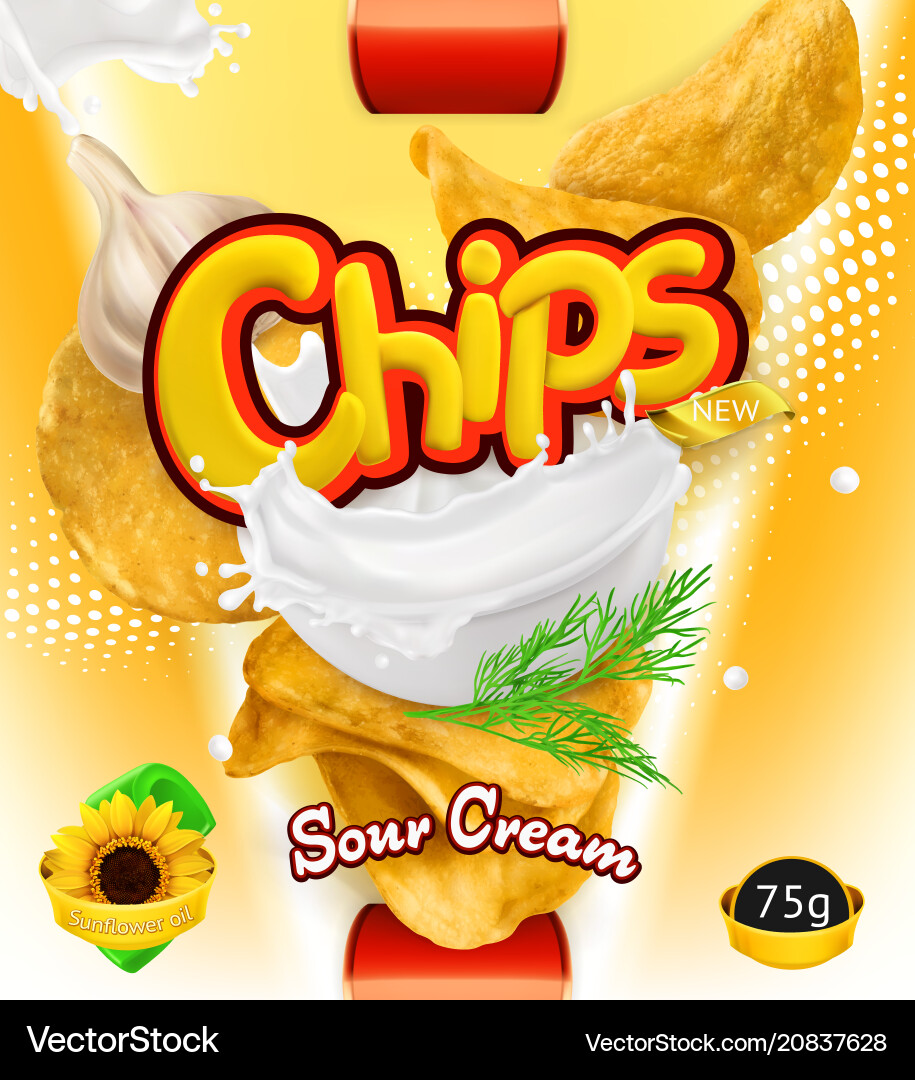 Potato chips sour cream flavor design packaging Potato chips sour cream flavor design packaging vector image