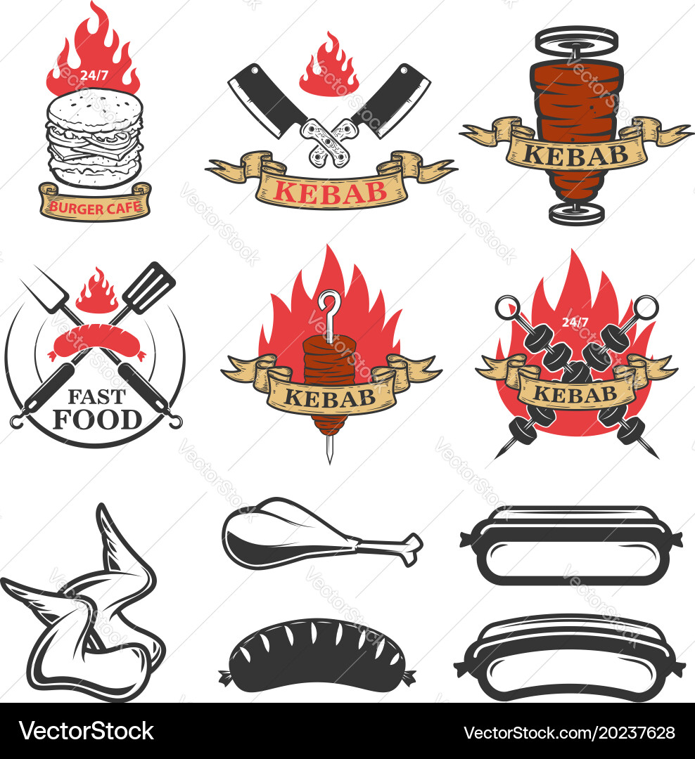 Set of fast food emblems and design elements vector image
