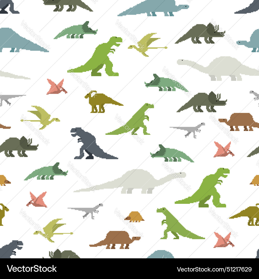 Dinosaurs pixel art seamless pattern 8bit dino Dinosaurs pixel art seamless pattern 8bit dino vector image