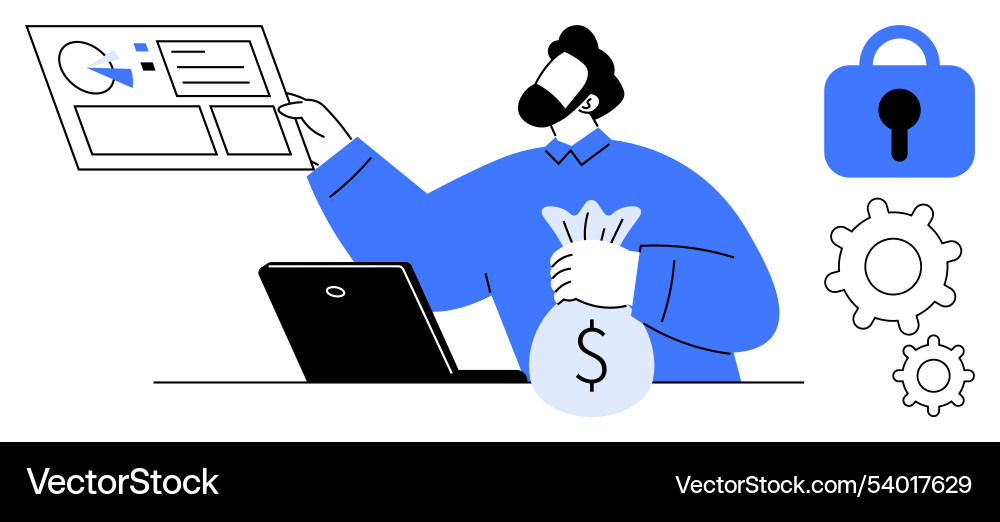 Man with money bag analyzing data on computer Vector Image