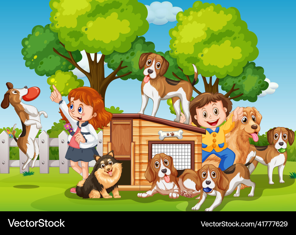 Outdoor scene with children playing their dog Outdoor scene with children playing their dog vector image
