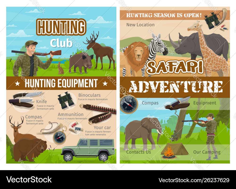 Safari Jagd Tiere Jäger Pistole und Ausrüstung Safari Jagd Tiere Jäger Pistole und Ausrüstung vektorbild