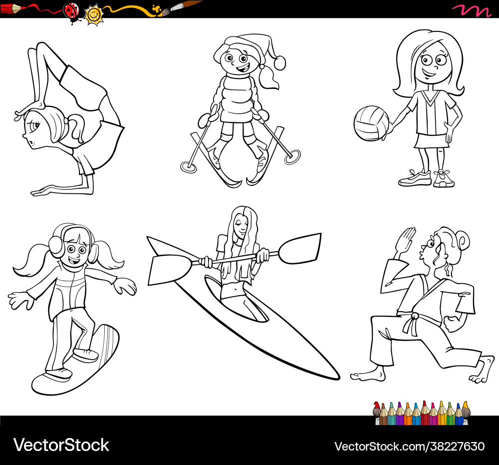 Cartoon girls characters and sports set coloring Cartoon girls characters and sports set coloring vector image