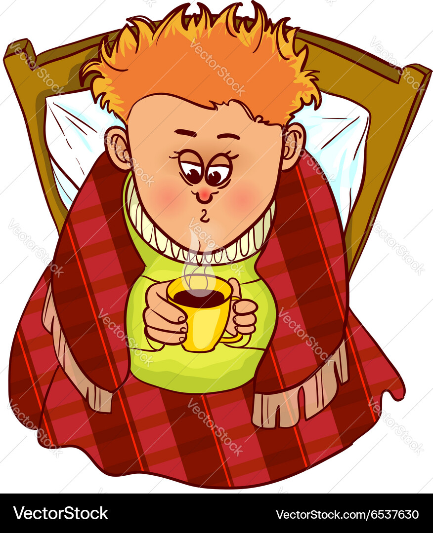 Little freezing man drinks hot drink in bed Vector Image