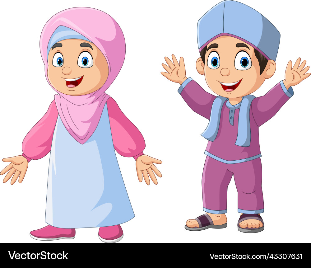 Glücklicher muslimischer Junge und Mädchen Cartoon Glücklicher muslimischer Junge und Mädchen Cartoon vektorbild