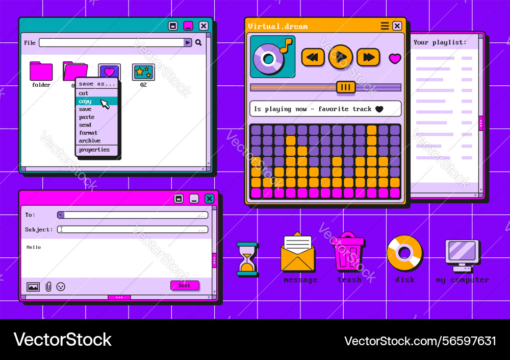 Retro software windows and icons set Retro software windows and icons set vector image