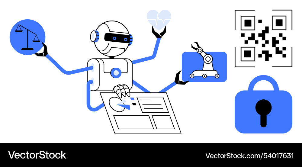 Robot with multiple arms holding symbols Robot with multiple arms holding symbols vector image