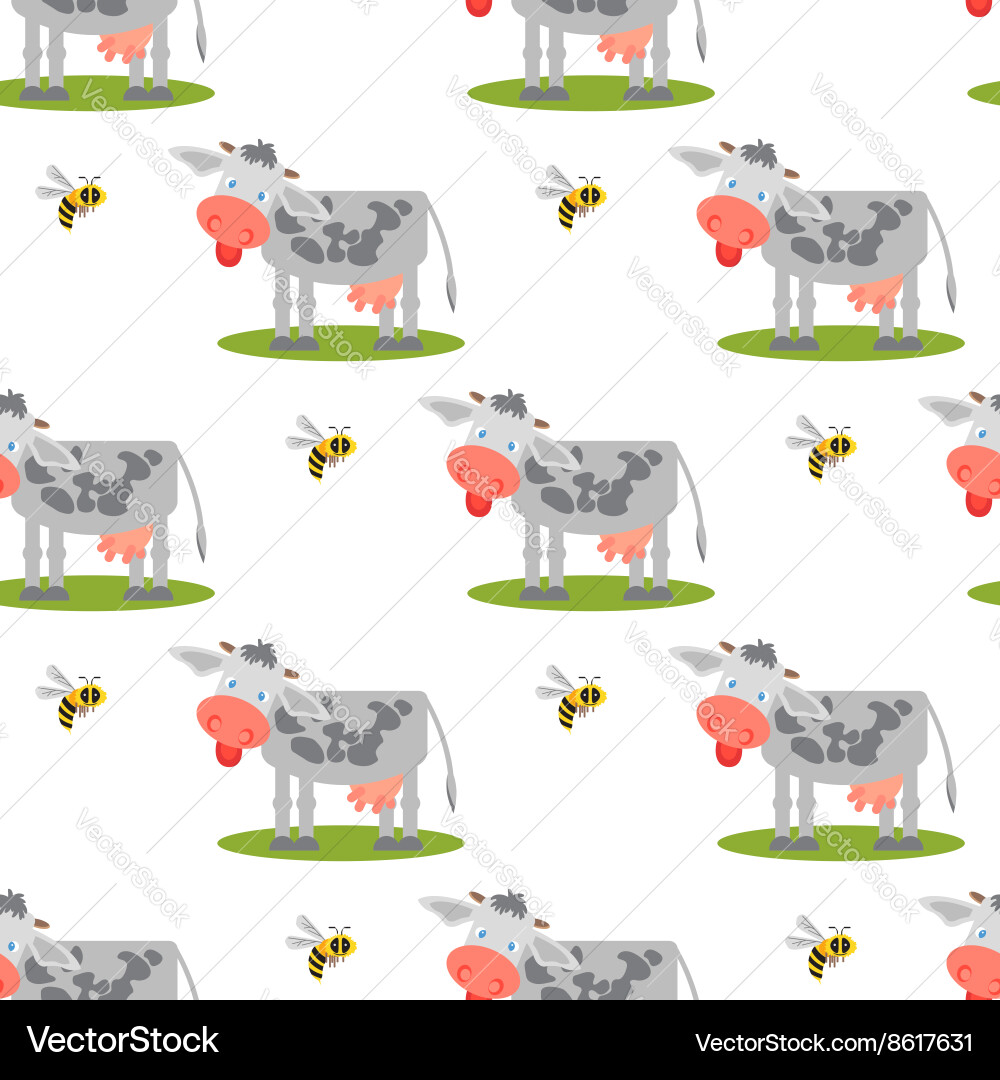 Seamless pattern with cows and bees Vector Image