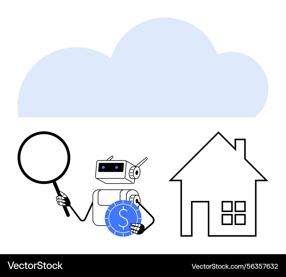 Robot with magnifying glass and coin analyzing Robot with magnifying glass and coin analyzing Vector Image