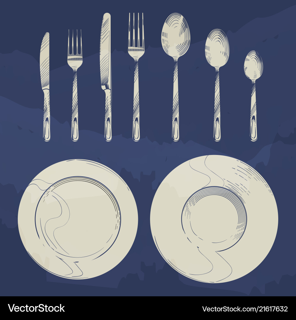 Vintage knife fork spoon and dishes in sketch vector image