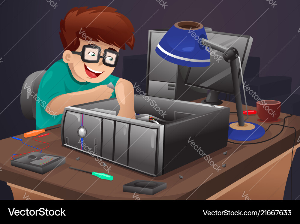Geek repairing a computer Vector Image