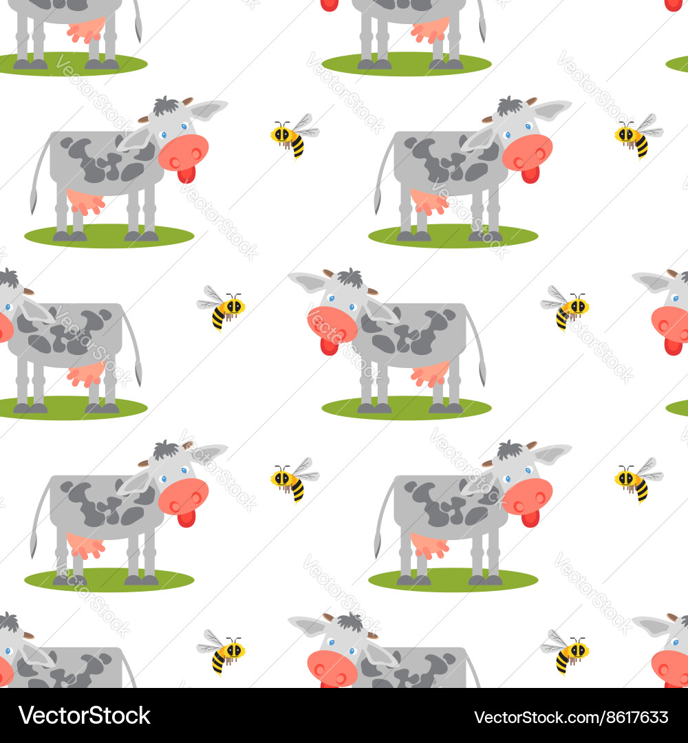 Seamless pattern with cows and bees Vector Image