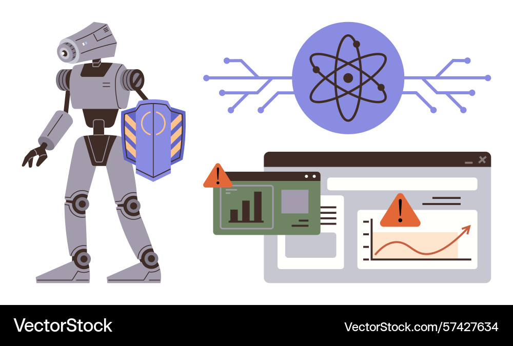 Robot with shield protecting data analytics Robot with shield protecting data analytics vector image
