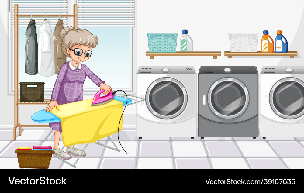 Laundry room scene with an old woman ironing her Laundry room scene with an old woman ironing her vector image