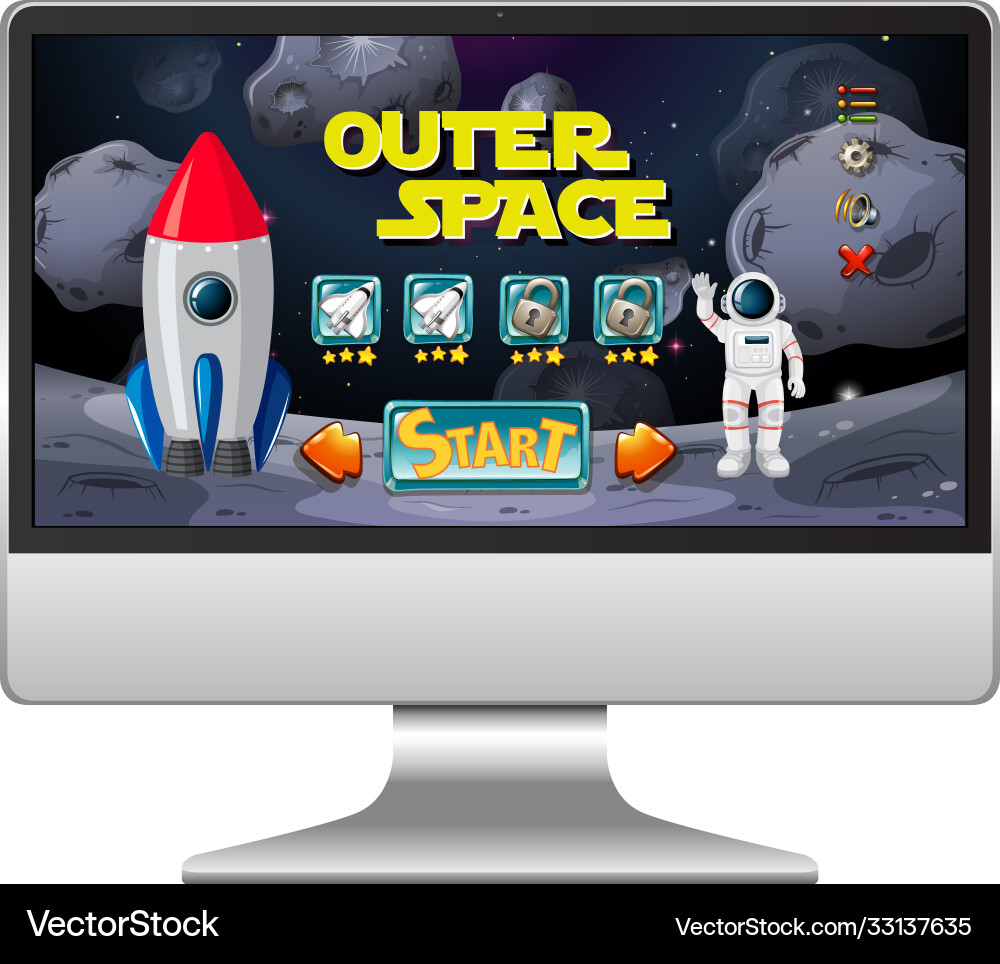 Outer sapce mission game on computer screen Outer sapce mission game on computer screen Vector Image
