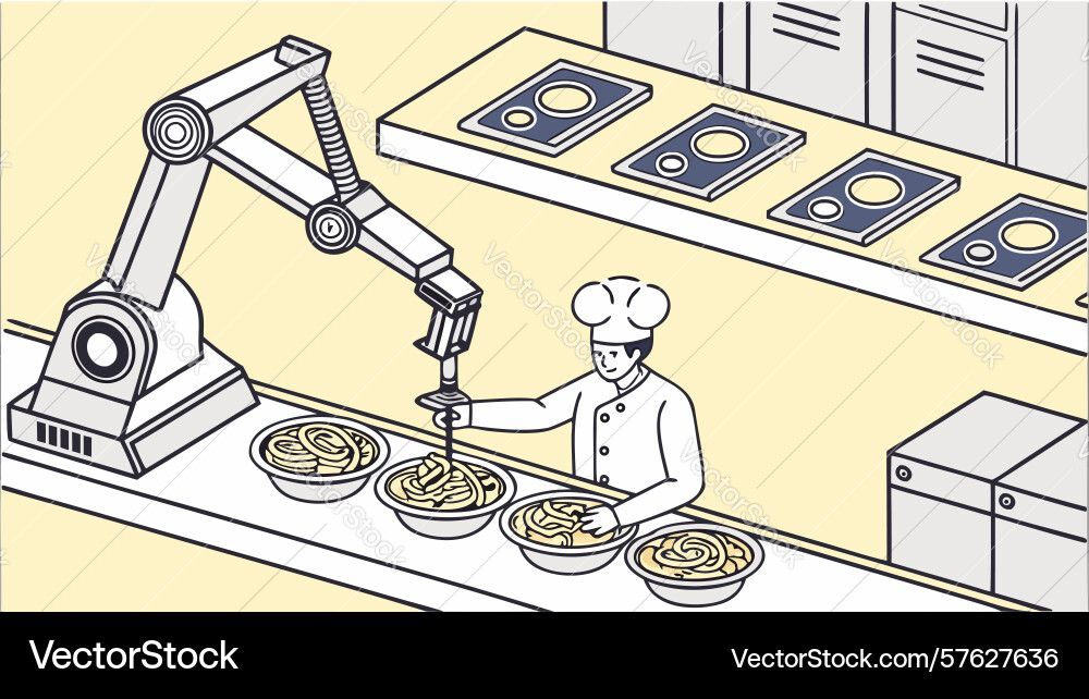 Automated pizza preparation with multiple robotic vector image