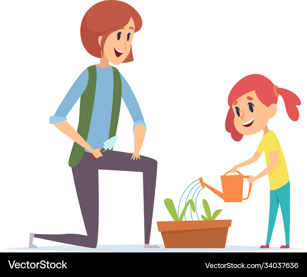 Gardening time woman girl planting grass Gardening time woman girl planting grass vector image