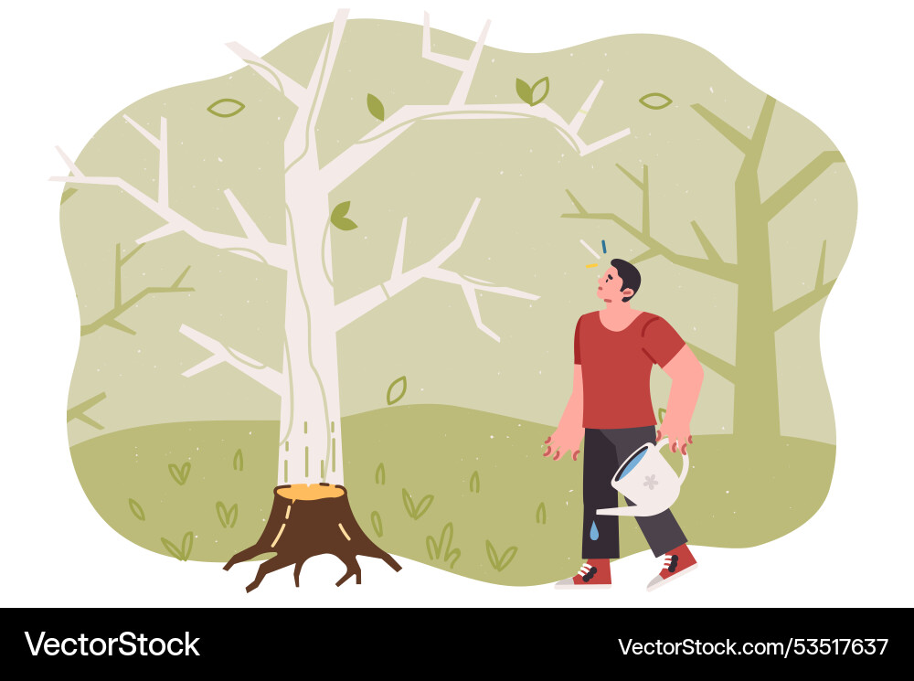 Problem of deforestation worries man trying Problem of deforestation worries man trying vector image