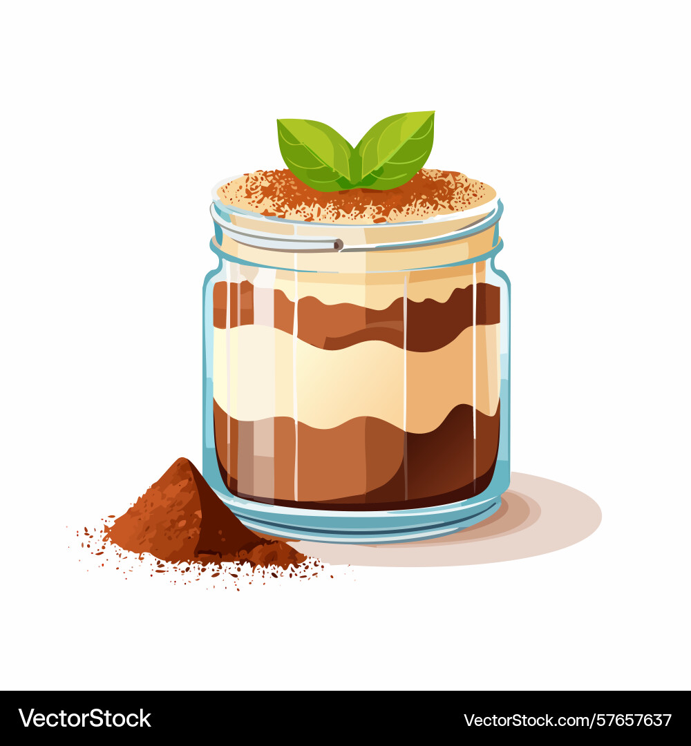 Tiramisu in a jar with mint leaves and cocoa Tiramisu in a jar with mint leaves and cocoa Vector Image