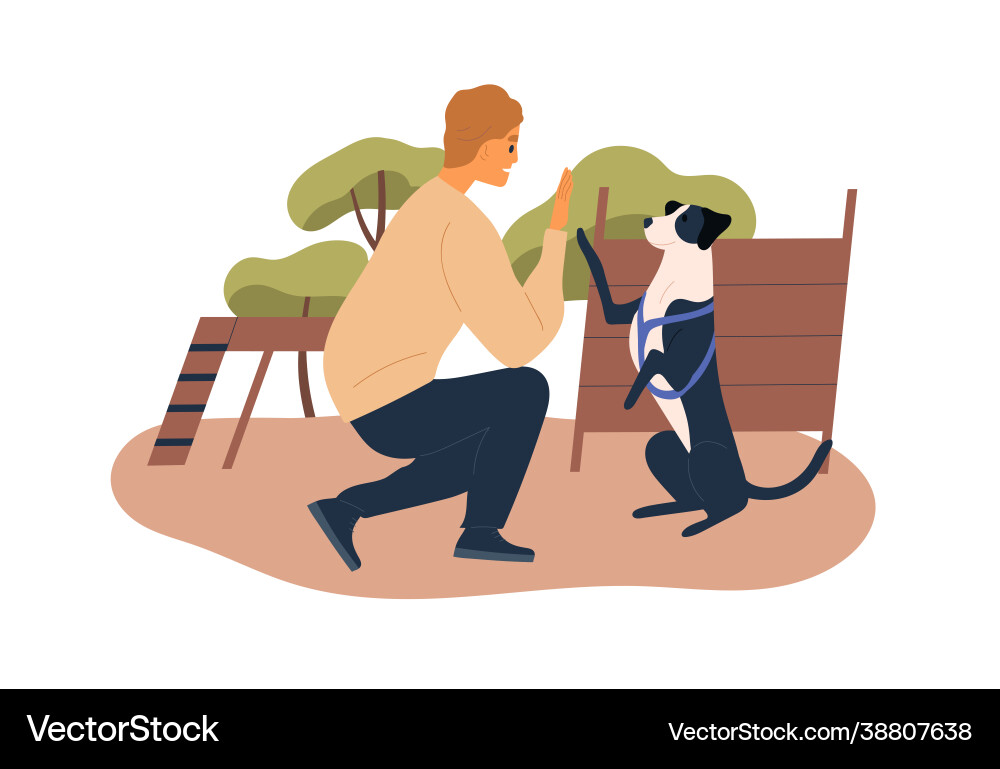 Trainer teaching dog at agility courses high five Trainer teaching dog at agility courses high five vector image